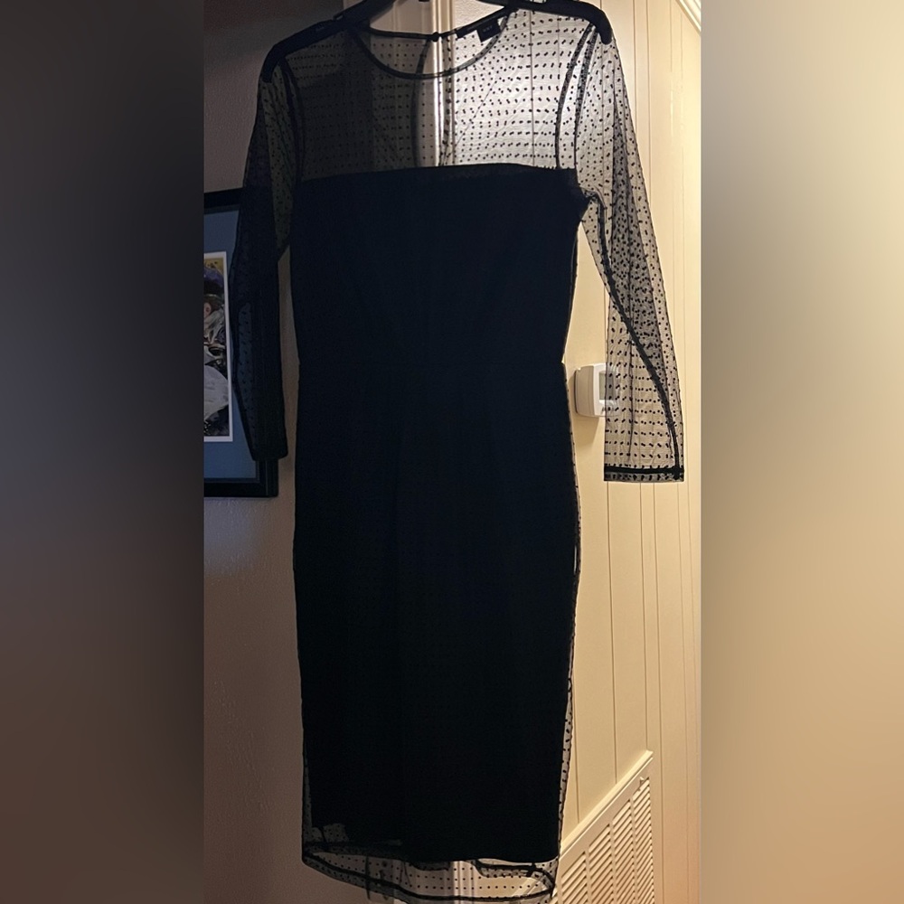French Connection Black Dress with Sheer Polka Dot Sleeves Size 6 NWOT